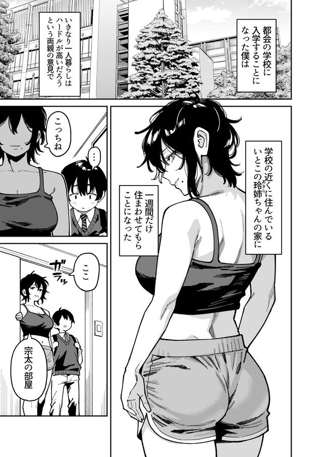 【エロ漫画】いとこの巨乳の姉ちゃんの家に一週間居候した主人公は姉ちゃんのエッチな身体に我慢できず胸を揉んでしまう… 03