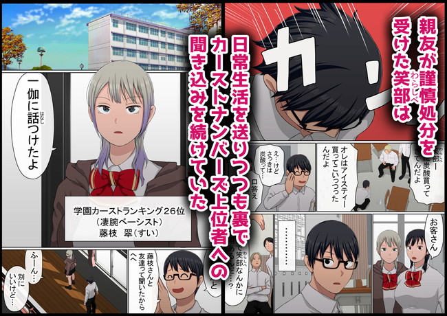 【エロ漫画】友達の停学の真相を調査するため、知り合いとのHが可能になるマッチングアプリを使って学内の女子にエッチな調査を始める主人公。 02